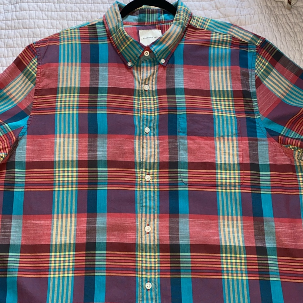 American Eagle Short Sleeve Plaid Madras Print  Shirt Size XXL
